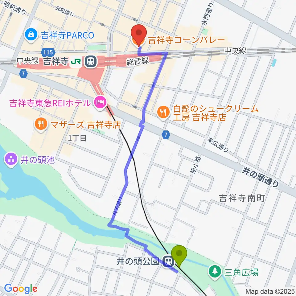 井の頭公園駅から吉祥寺ブラック＆ブルーへのルートマップ地図