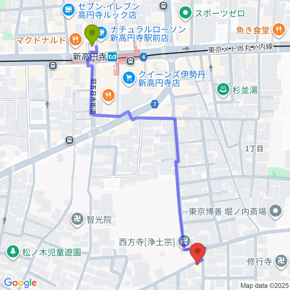 Maison de Music 音楽の家の最寄駅新高円寺駅からの徒歩ルート（約6分）地図