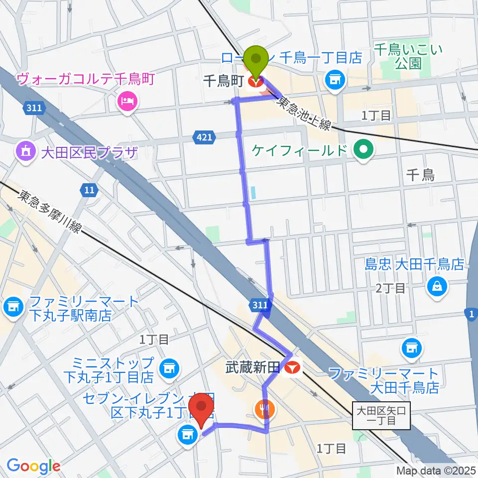 千鳥町駅からD-plus-stockへのルートマップ地図