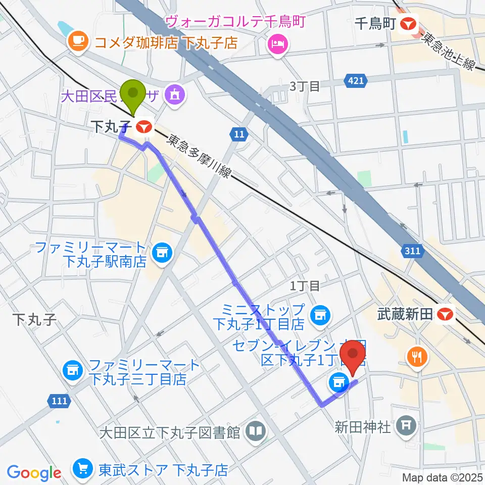 下丸子駅からD-plus-stockへのルートマップ地図