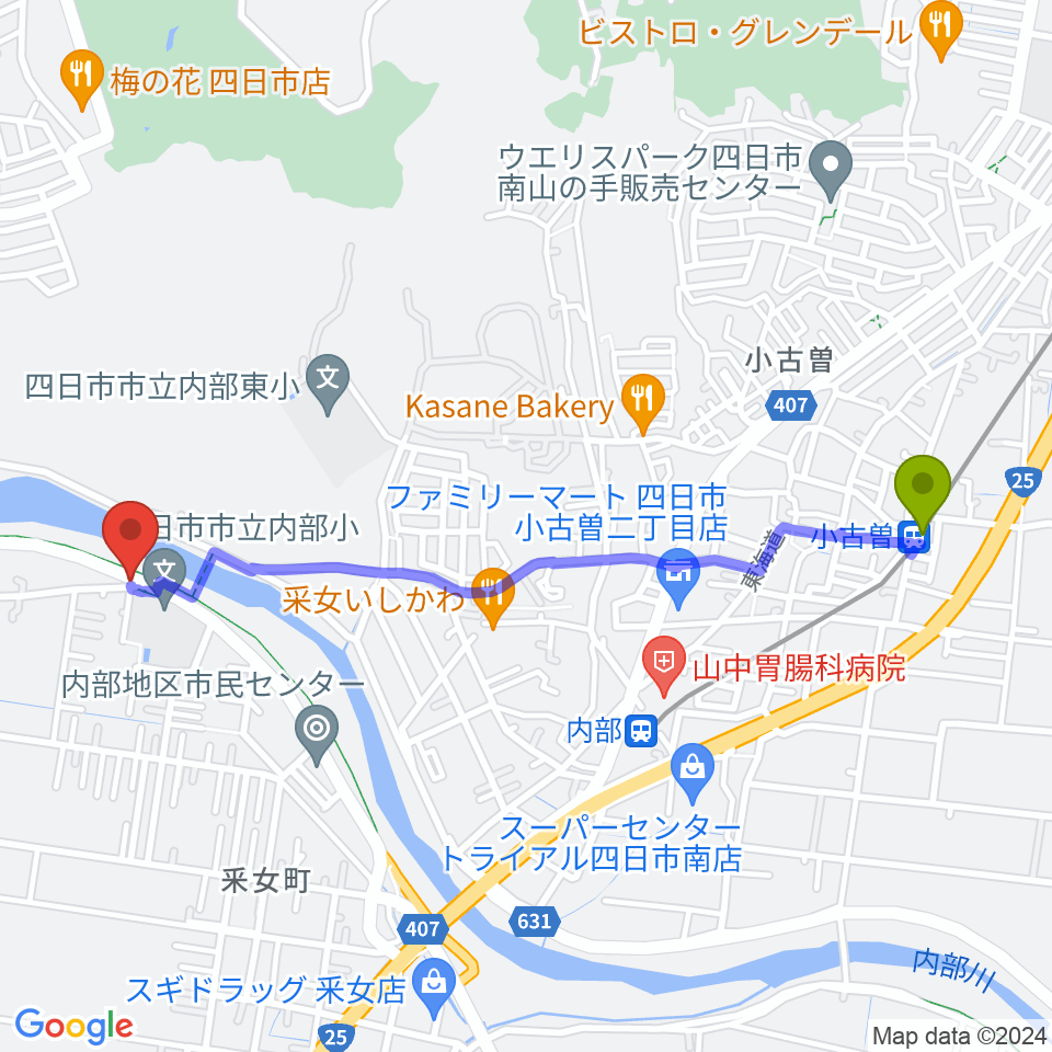 小古曽駅から四日市ガリバーへのルートマップ地図