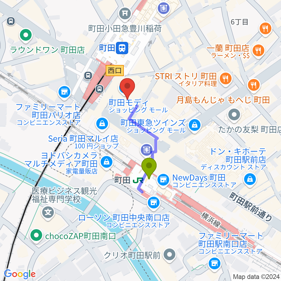 タワーレコード町田店の最寄駅町田駅からの徒歩ルート（約2分）地図