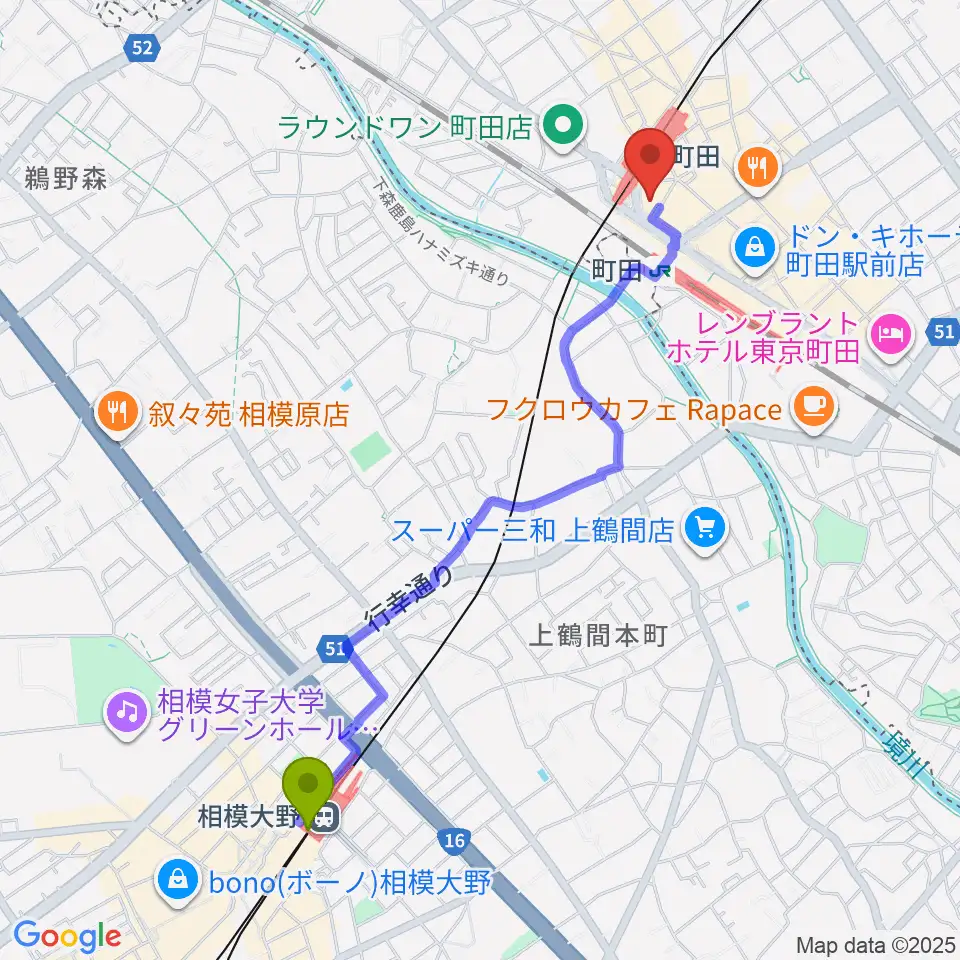 相模大野駅からタワーレコード町田店へのルートマップ地図