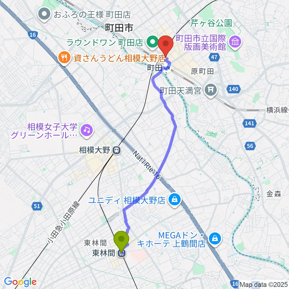 東林間駅からタワーレコード町田店へのルートマップ地図