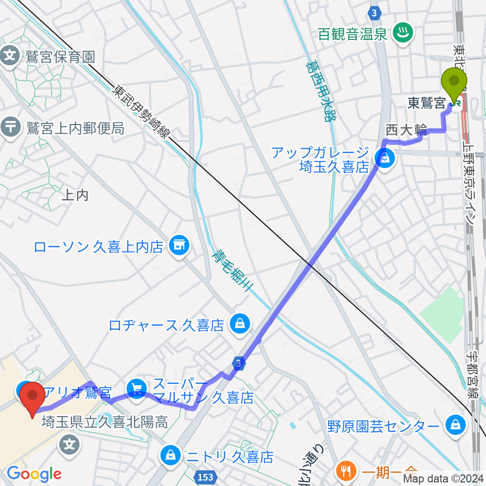 東鷲宮駅から昭和楽器アリオ鷲宮センターへのルートマップ地図