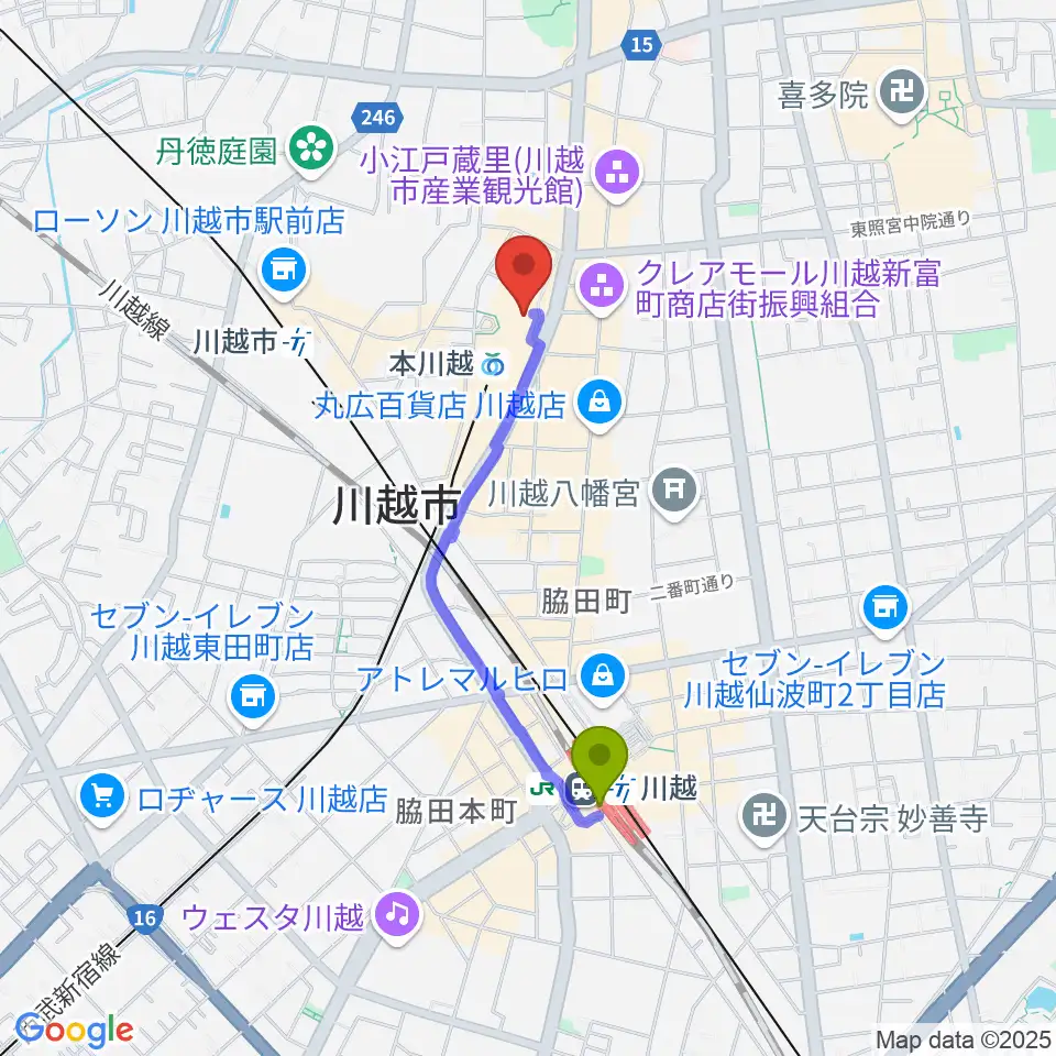 川越駅から昭和楽器 本川越ぺぺセンターへのルートマップ地図