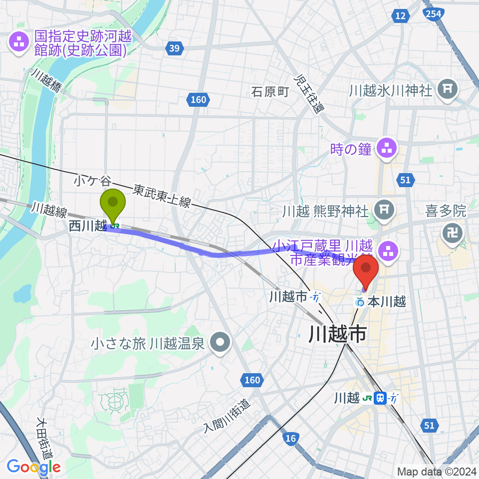 西川越駅から昭和楽器 本川越ぺぺセンターへのルートマップ地図