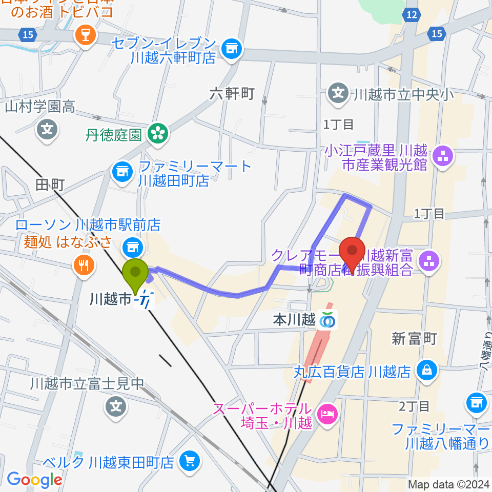 川越市駅から昭和楽器 本川越ぺぺセンターへのルートマップ地図