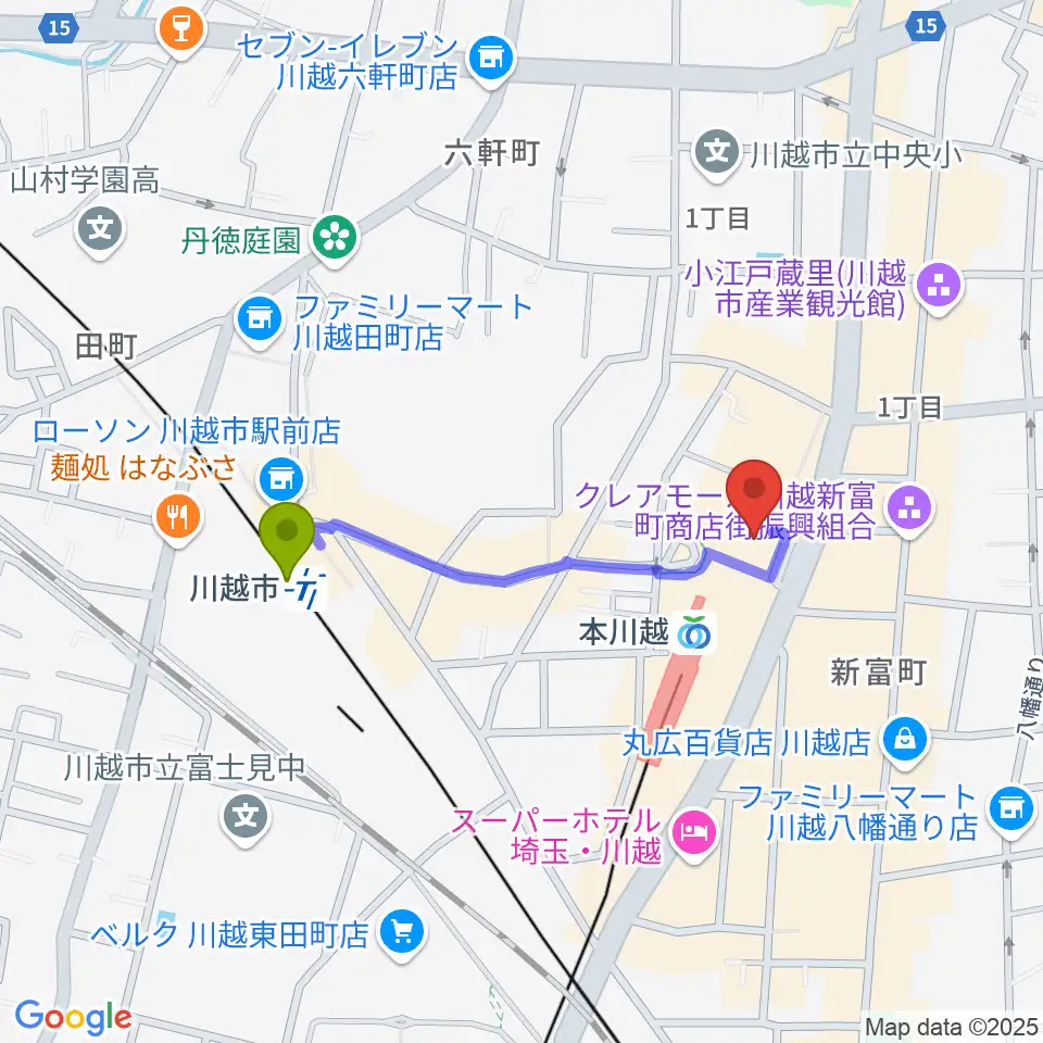 川越市駅から昭和楽器 本川越ぺぺセンターへのルートマップ地図