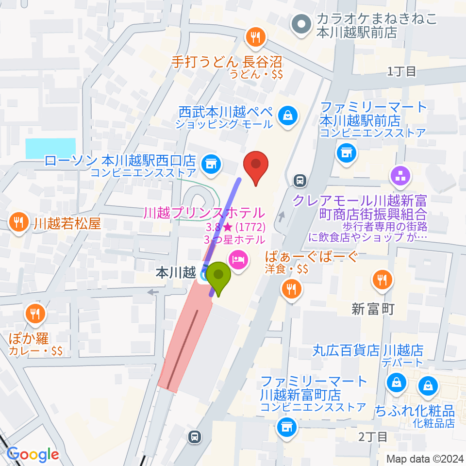 昭和楽器 本川越ぺぺセンターの最寄駅本川越駅からの徒歩ルート（約2分）地図