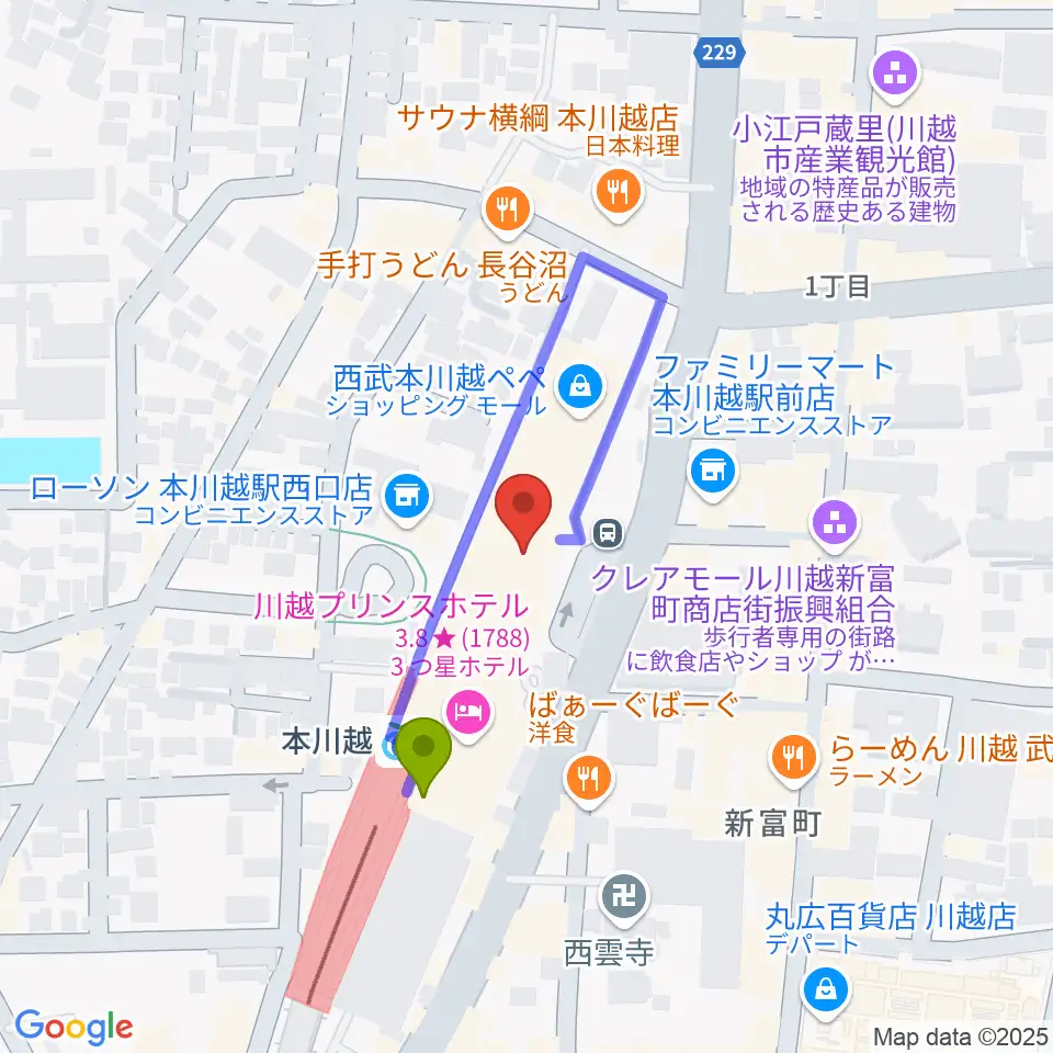 昭和楽器 本川越ぺぺセンターの最寄駅本川越駅からの徒歩ルート（約2分）地図