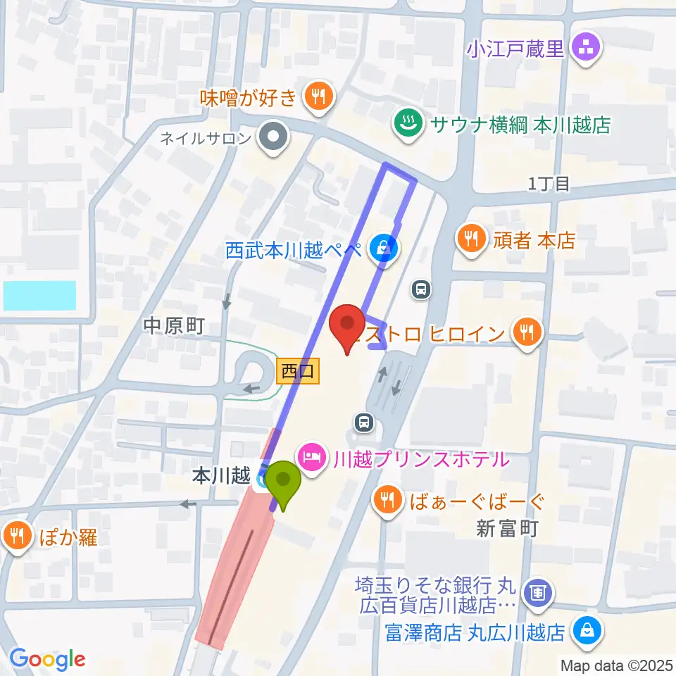 昭和楽器 本川越ぺぺセンターの最寄駅本川越駅からの徒歩ルート（約2分）地図