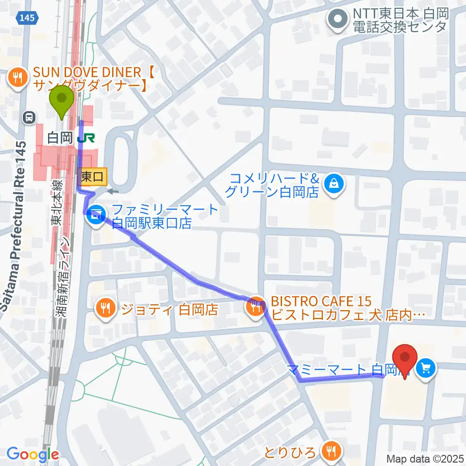昭和楽器 白岡センターの最寄駅白岡駅からの徒歩ルート（約7分）地図
