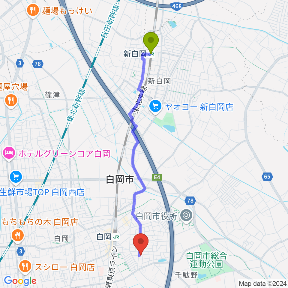 新白岡駅から昭和楽器 白岡センターへのルートマップ地図