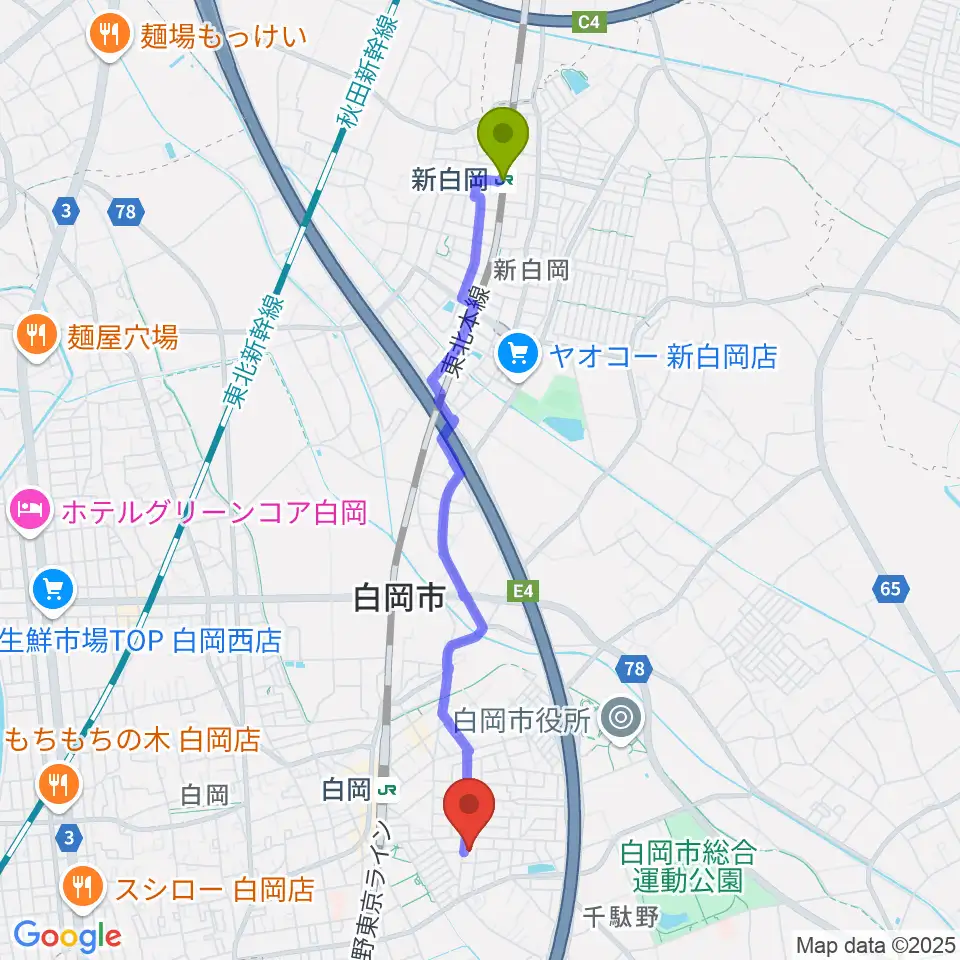 新白岡駅から昭和楽器 白岡センターへのルートマップ地図