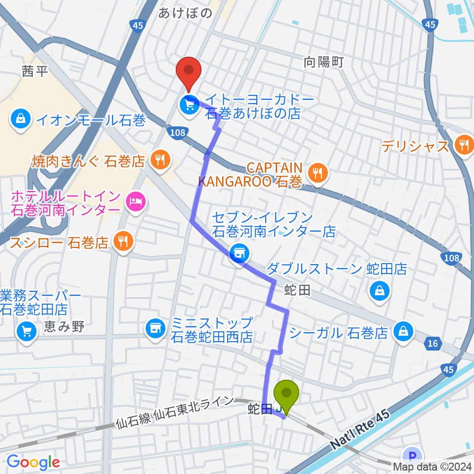 TSUTAYA あけぼの店の最寄駅蛇田駅からの徒歩ルート（約21分）地図