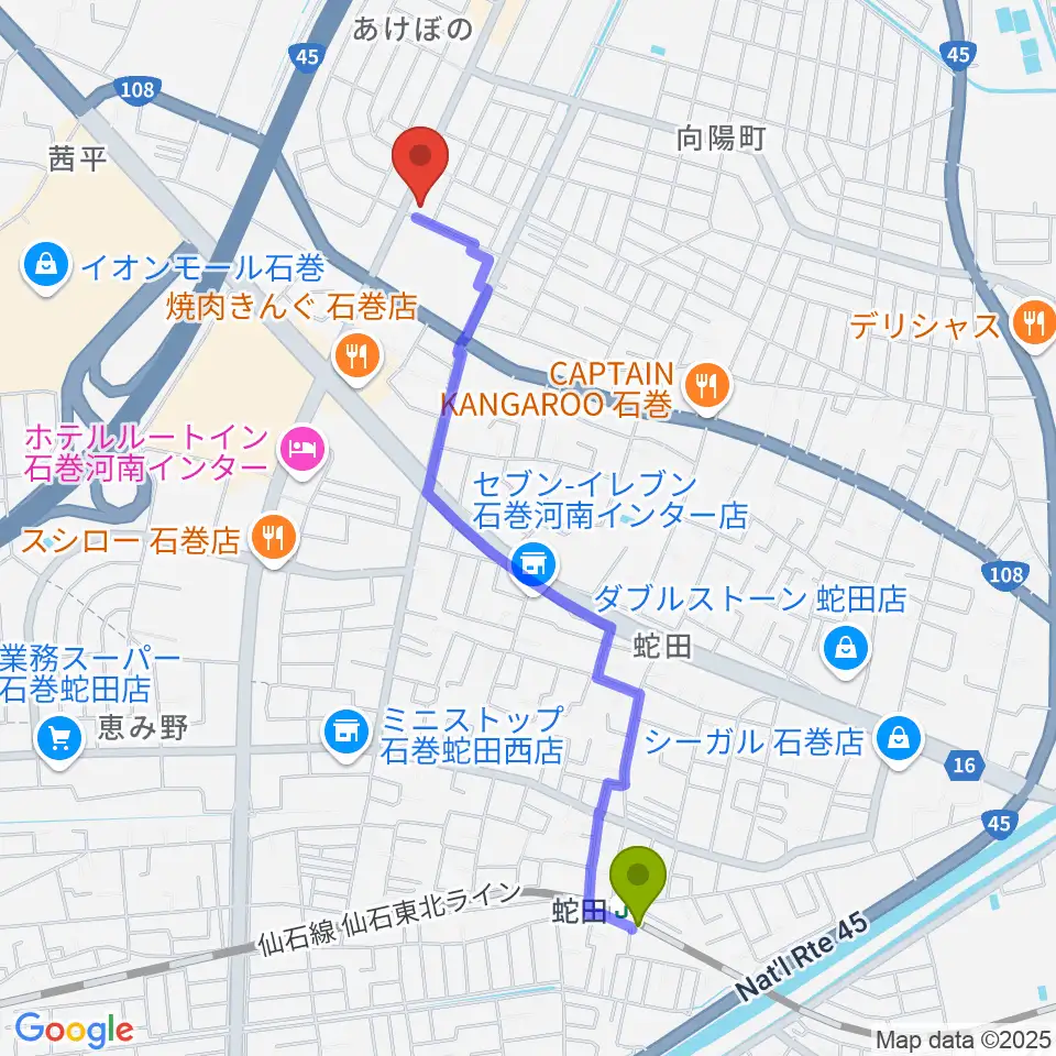 TSUTAYA あけぼの店の最寄駅蛇田駅からの徒歩ルート（約21分）地図