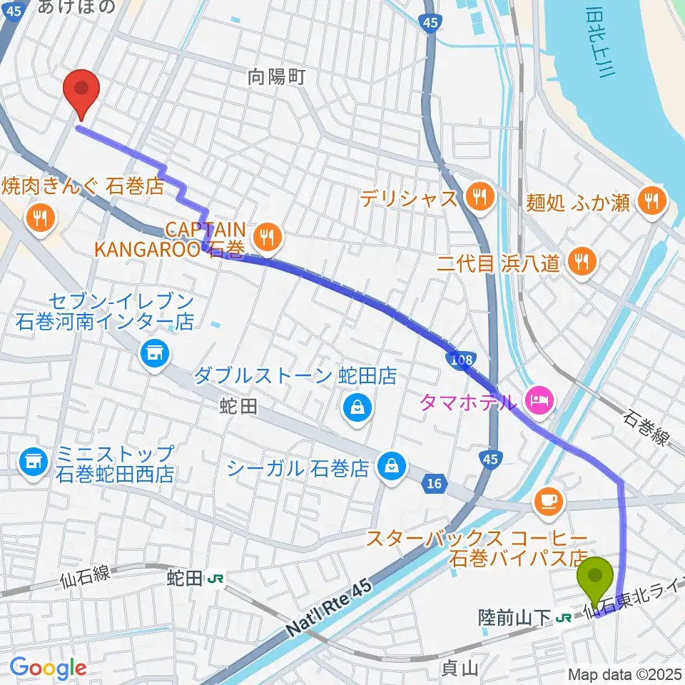 陸前山下駅からTSUTAYA あけぼの店へのルートマップ地図