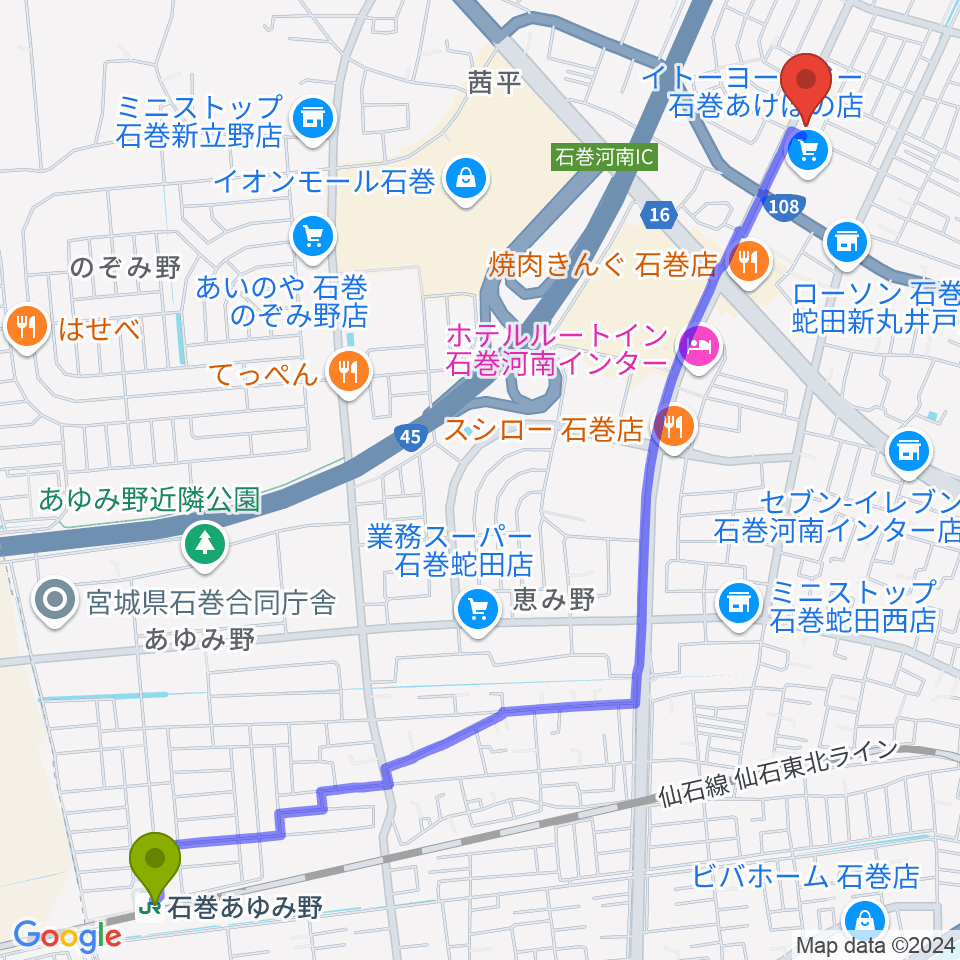 石巻あゆみ野駅からTSUTAYA あけぼの店へのルートマップ地図