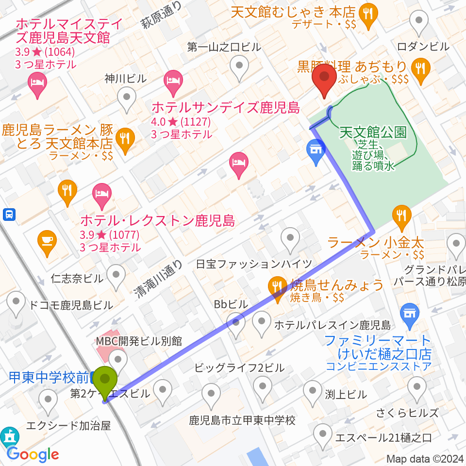 甲東中学校前駅からジャズスポット・リレットへのルートマップ地図