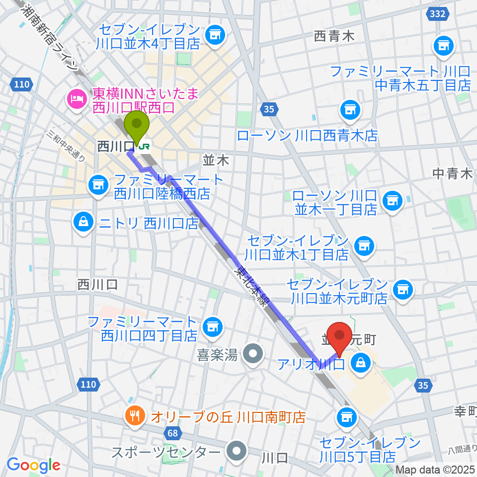 西川口駅からタワーレコード アリオ川口店へのルートマップ地図