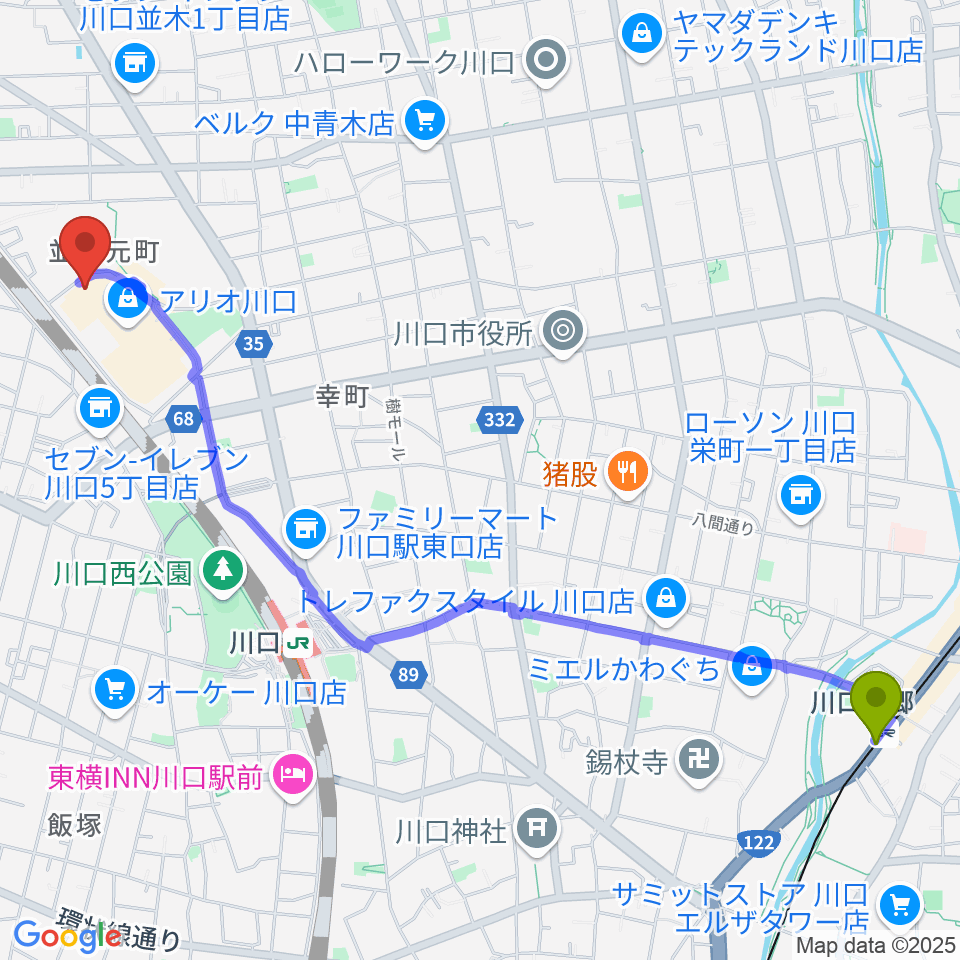 川口元郷駅からタワーレコード アリオ川口店へのルートマップ地図