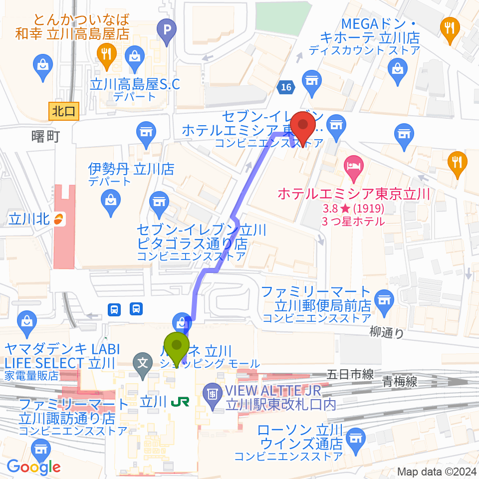 立川駅からジェシー ジェイムス立川店へのルートマップ Mdata