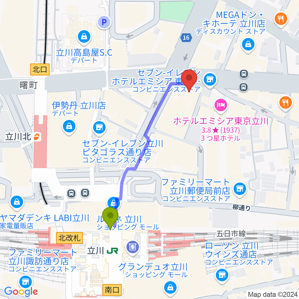 立川駅からジェシー・ジェイムス立川店へのルートマップ地図