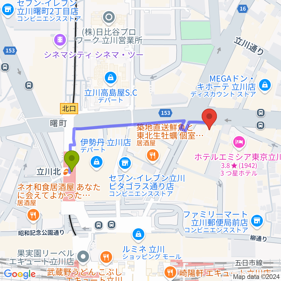 ジェシー・ジェイムス立川店の最寄駅立川北駅からの徒歩ルート（約4分）地図