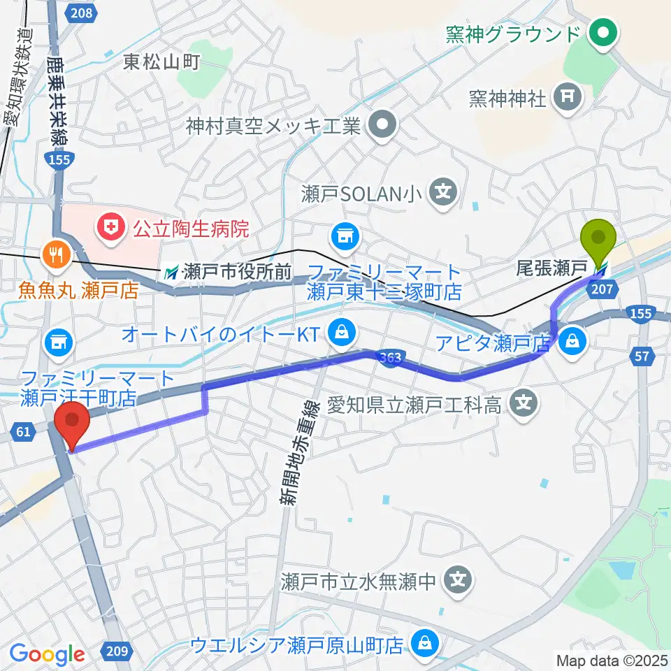 尾張瀬戸駅からあんのんホールへのルートマップ地図