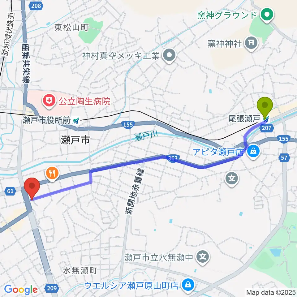 尾張瀬戸駅からあんのんホールへのルートマップ地図