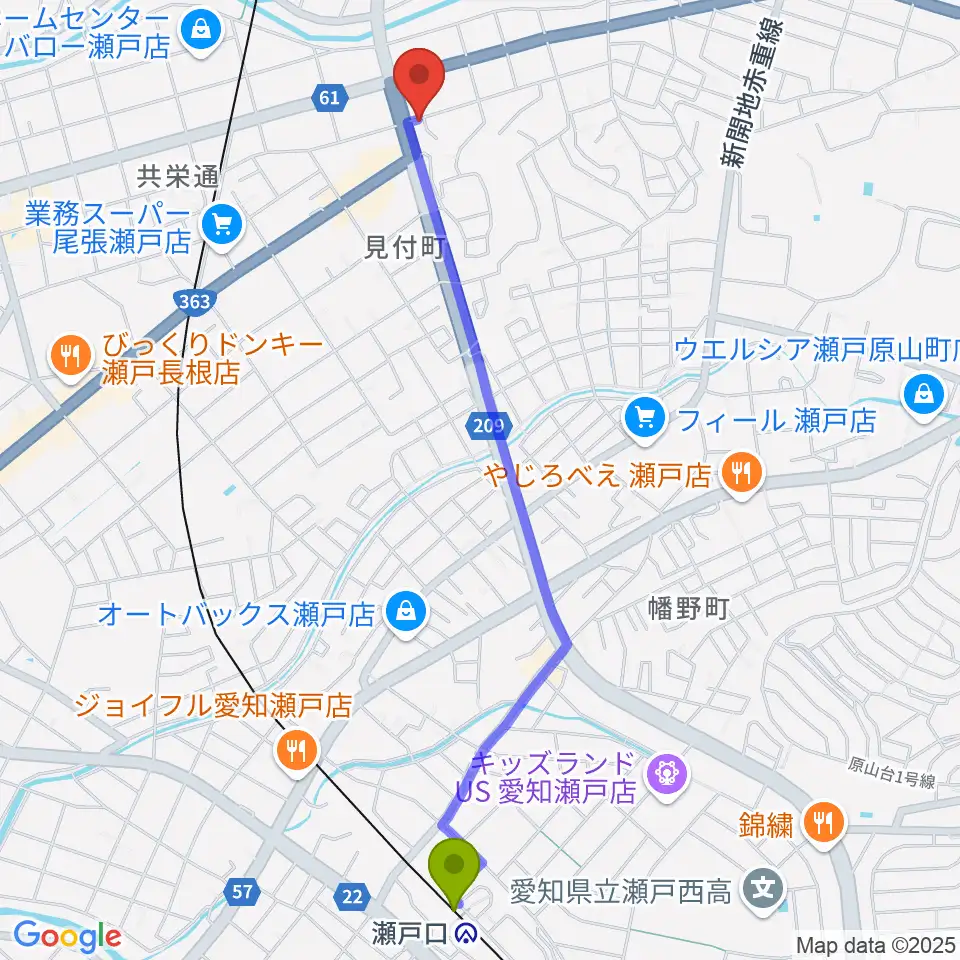 瀬戸口駅からあんのんホールへのルートマップ地図