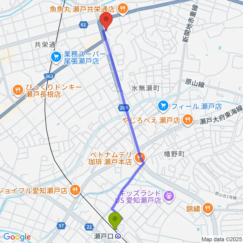 瀬戸口駅からあんのんホールへのルートマップ地図