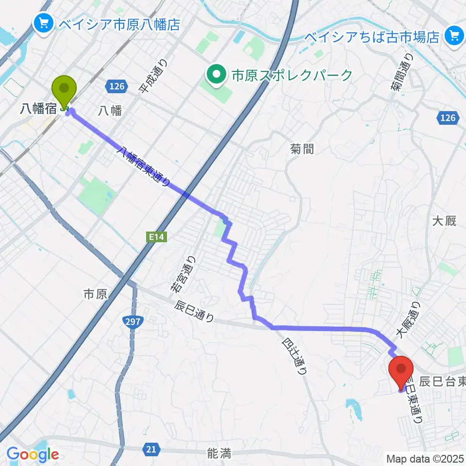 八幡宿駅からブリージン・ミュージック音楽教室へのルートマップ地図