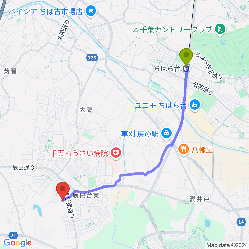 ブリージン・ミュージック音楽教室の最寄駅ちはら台駅からの徒歩ルート（約45分）地図