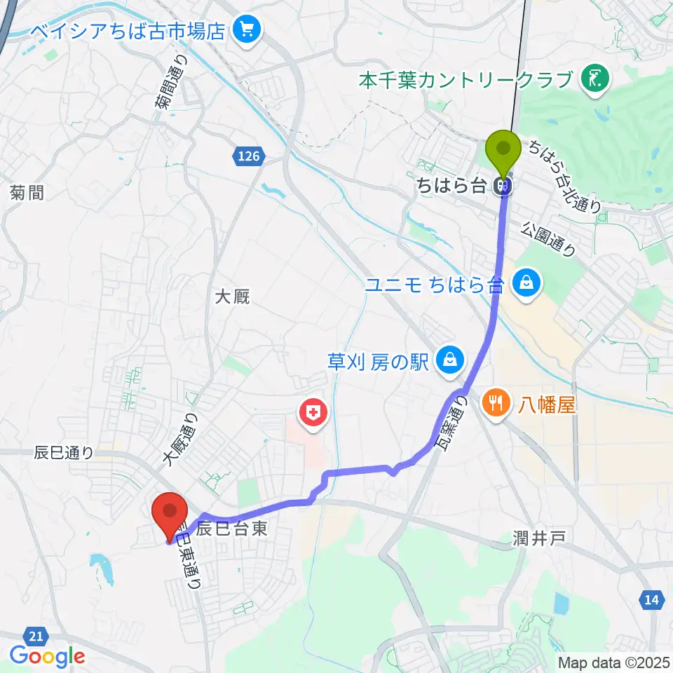 ブリージン・ミュージックの最寄駅ちはら台駅からの徒歩ルート（約46分）地図