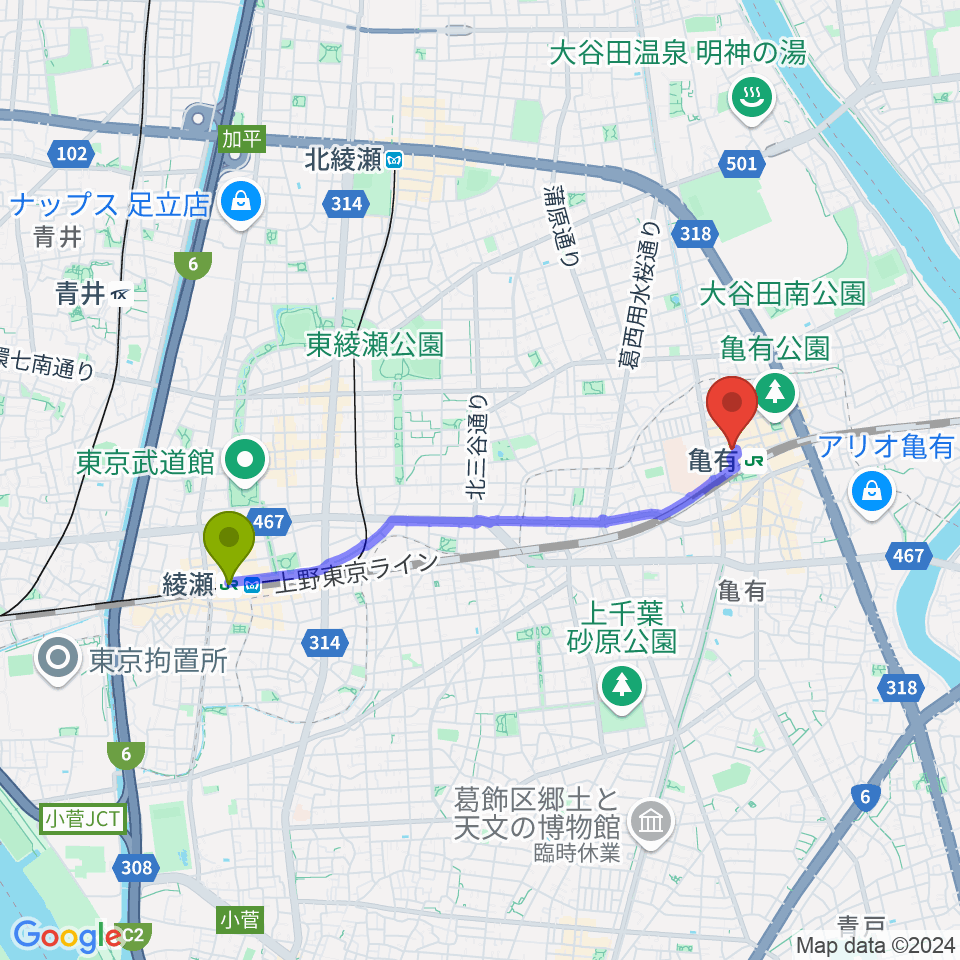 綾瀬駅からラクシーボーカルスクールへのルートマップ地図