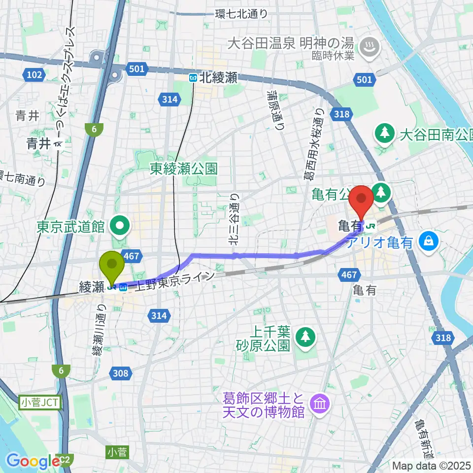 綾瀬駅からラクシーボーカルスクールへのルートマップ地図