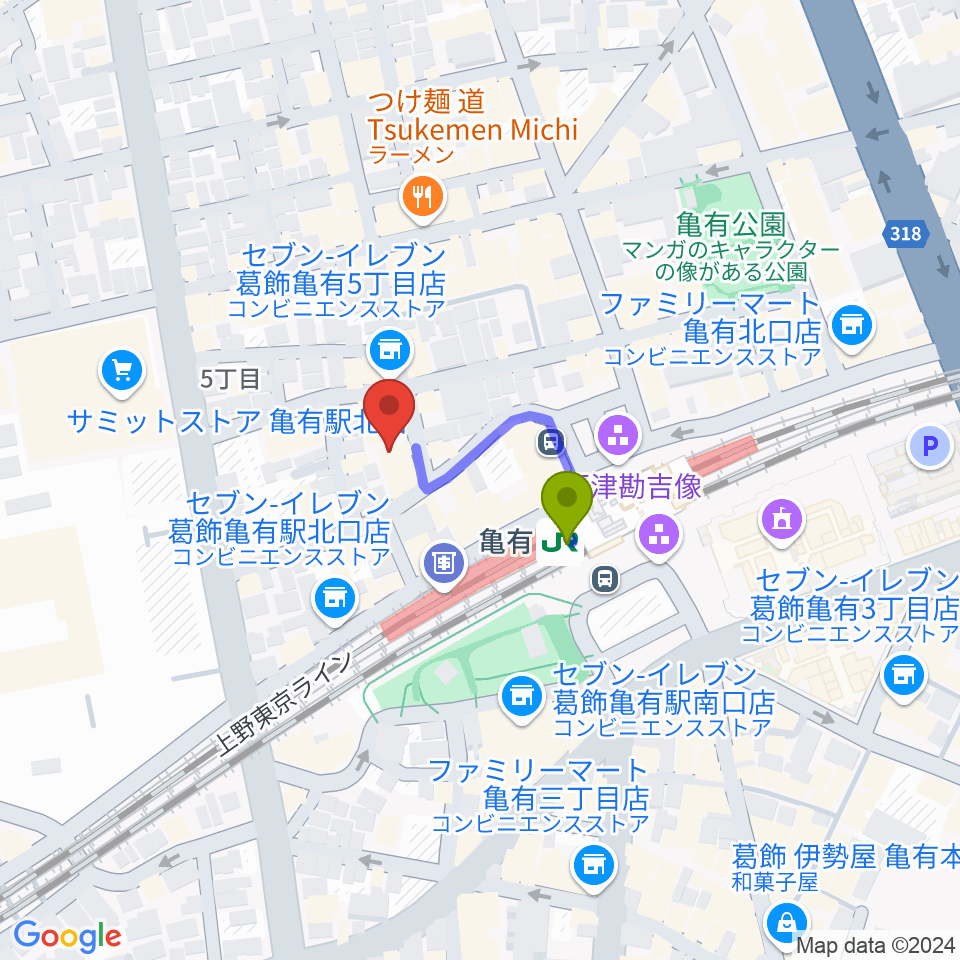 ラクシーボーカルスクールの最寄駅亀有駅からの徒歩ルート（約2分）地図