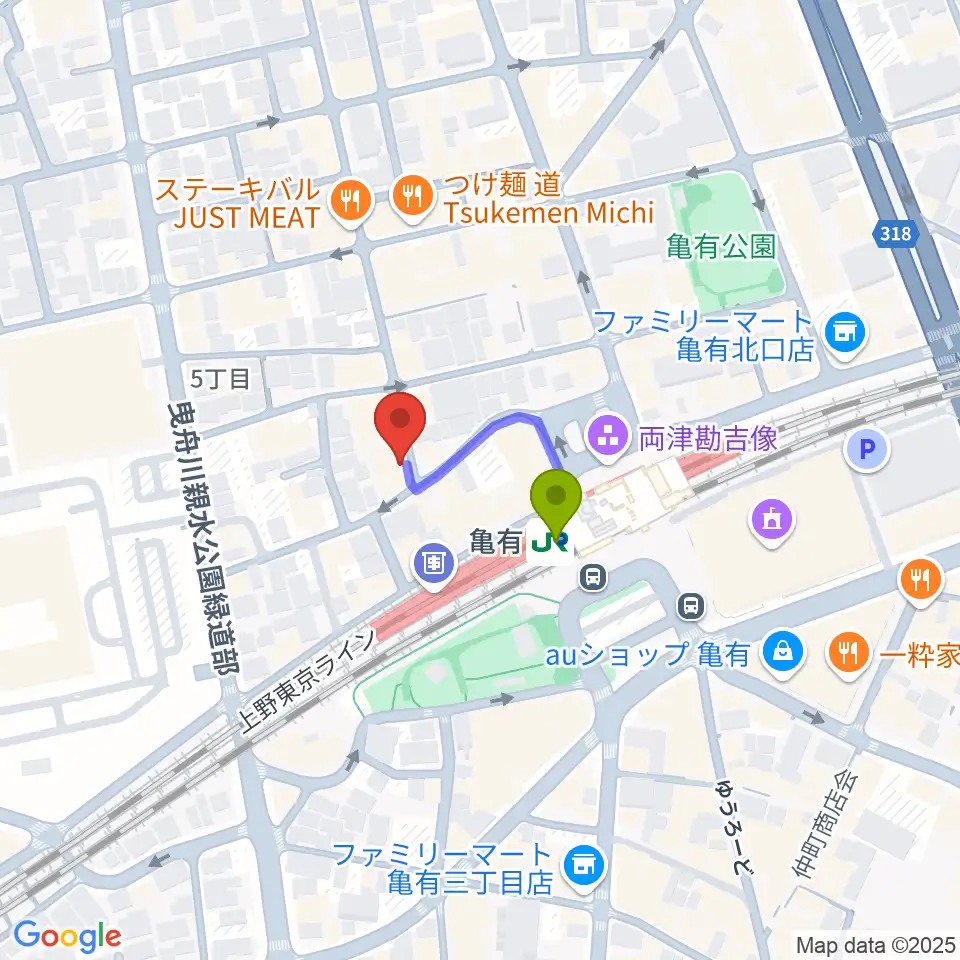 ラクシーボーカルスクールの最寄駅亀有駅からの徒歩ルート（約1分）地図