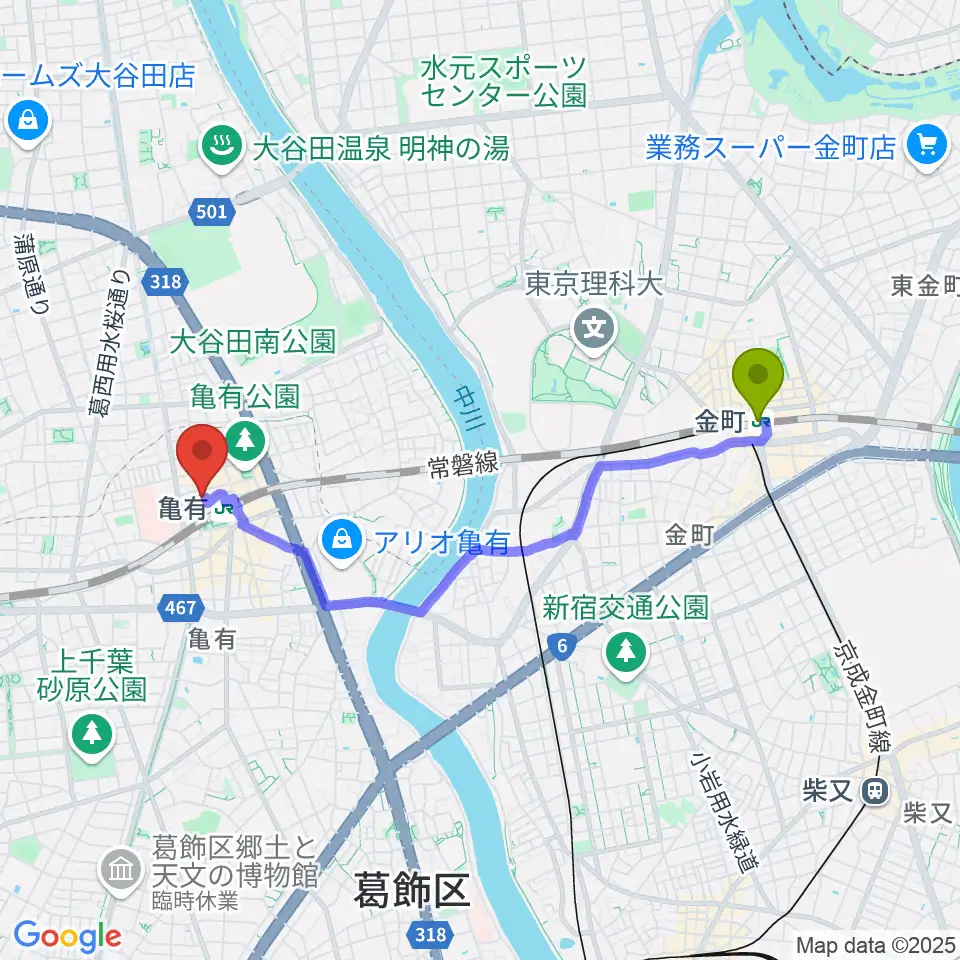 金町駅からラクシーボーカルスクールへのルートマップ地図