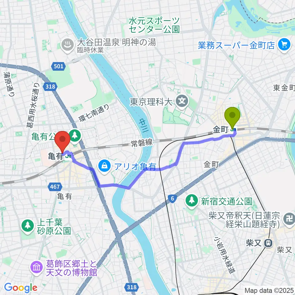 金町駅からラクシーボーカルスクールへのルートマップ地図