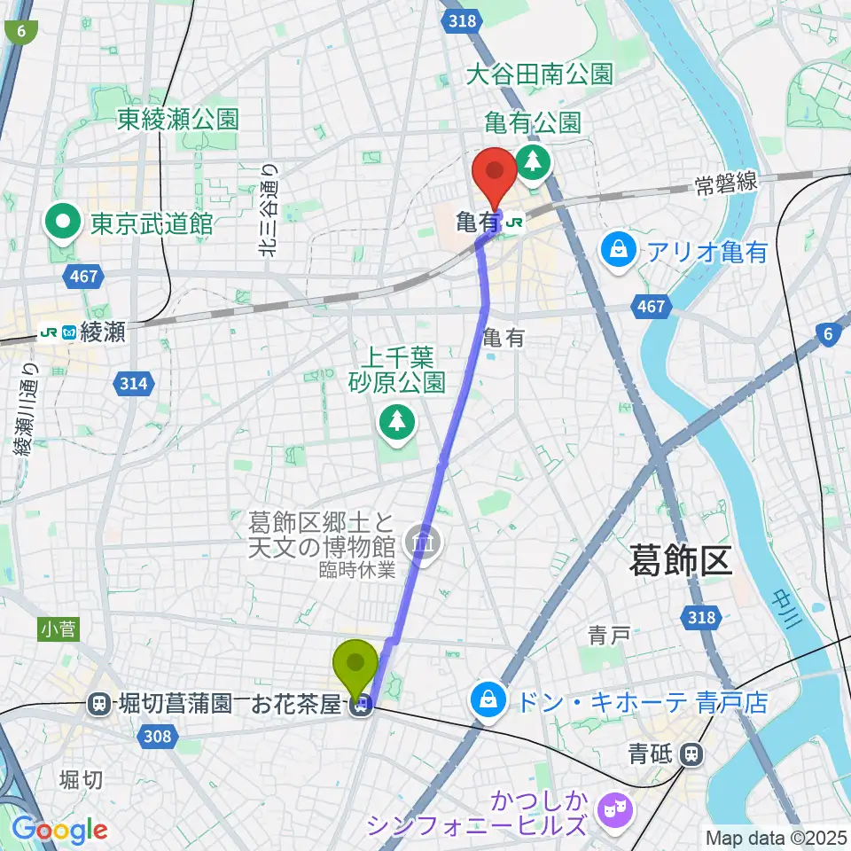 お花茶屋駅からラクシーボーカルスクールへのルートマップ地図