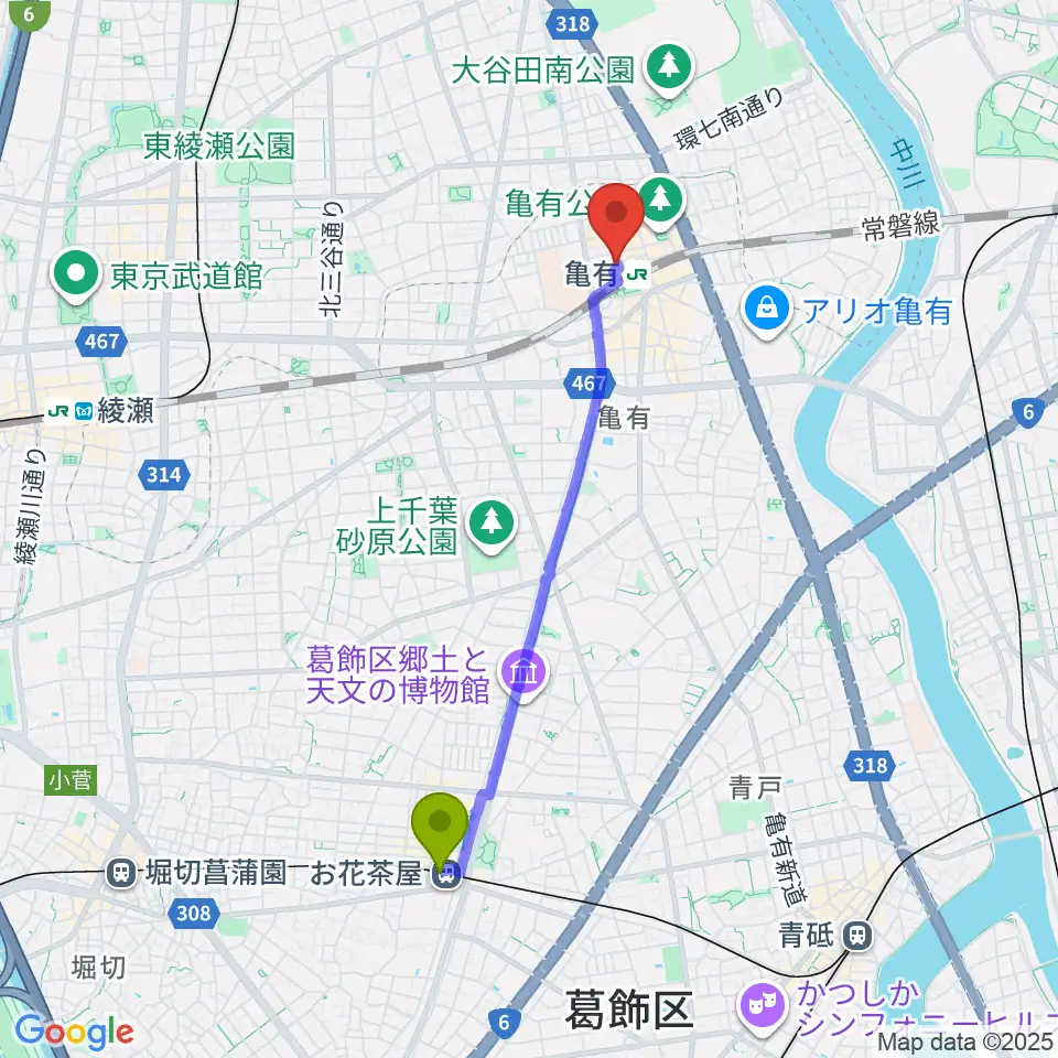 お花茶屋駅からラクシーボーカルスクールへのルートマップ地図