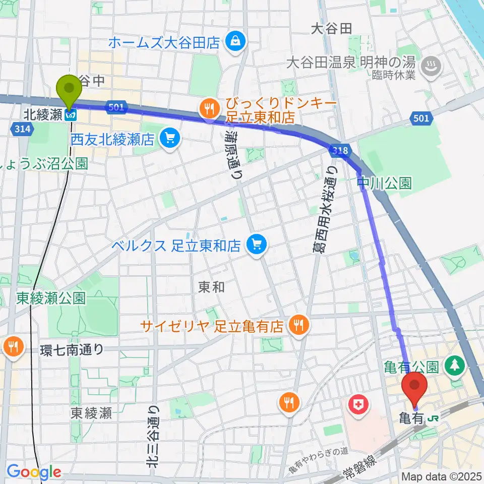 北綾瀬駅からラクシーボーカルスクールへのルートマップ地図