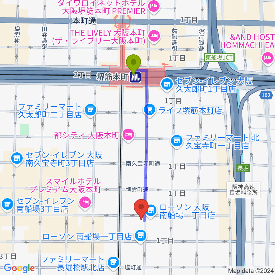 堺筋本町駅から南船場CELLへのルートマップ地図