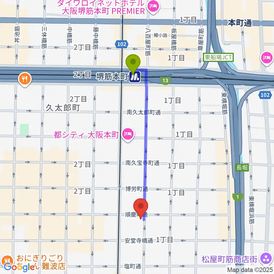 堺筋本町駅から南船場CELLへのルートマップ地図