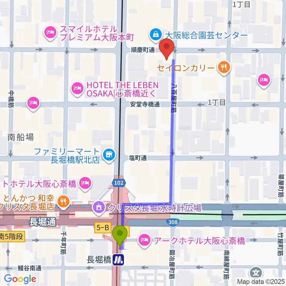 南船場CELLの最寄駅長堀橋駅からの徒歩ルート（約5分）地図