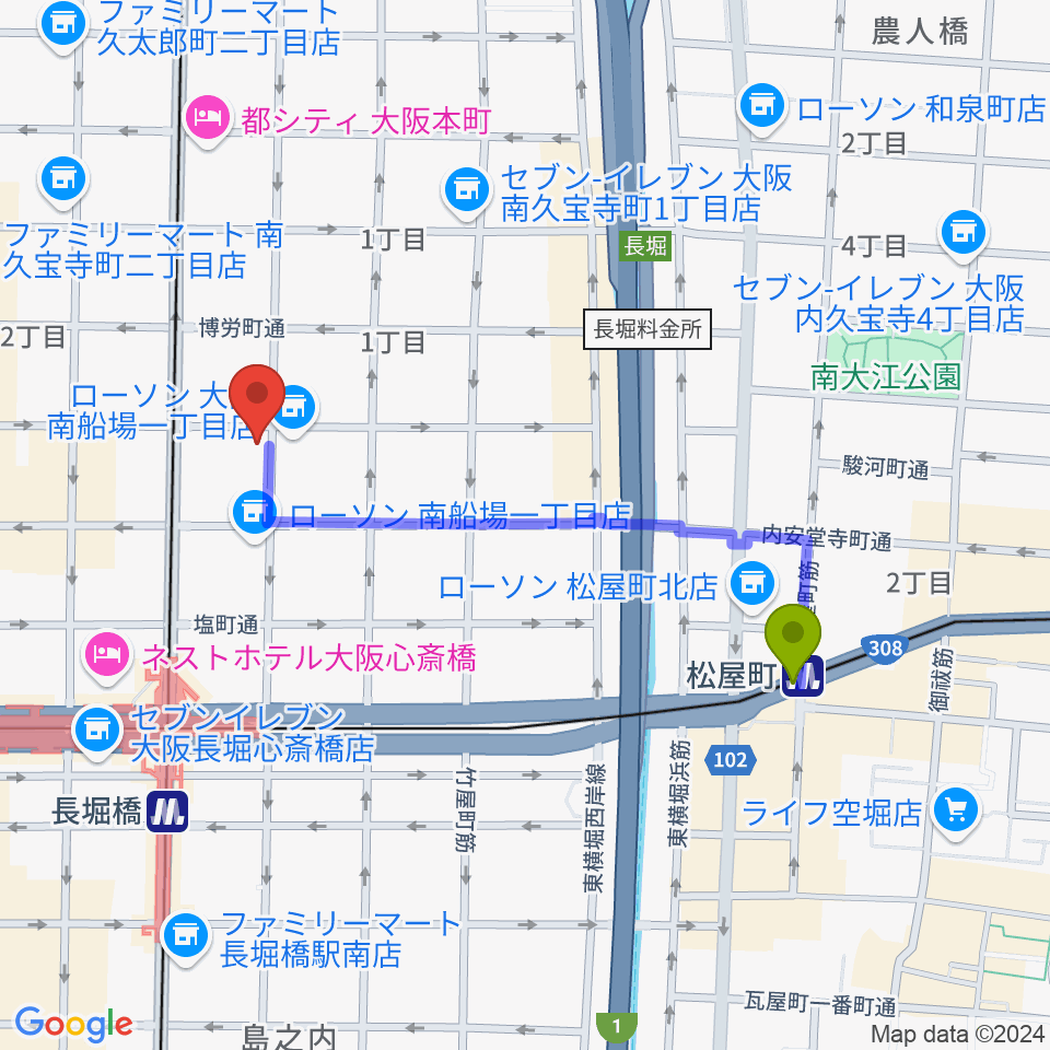 松屋町駅から南船場CELLへのルートマップ地図