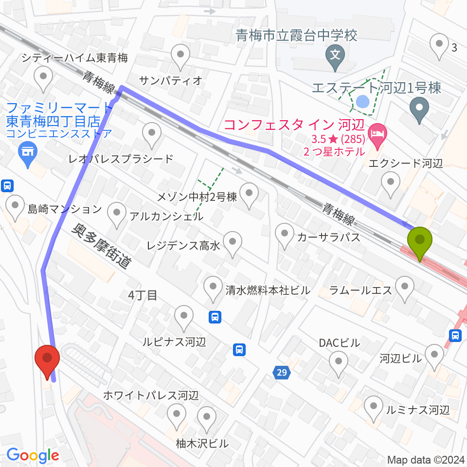 齋藤ギター音楽教室の最寄駅河辺駅からの徒歩ルート（約6分）地図